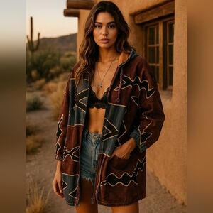 Vintage Geometric Boho Jacket Size L/XL Oversized Southwestern Hooded